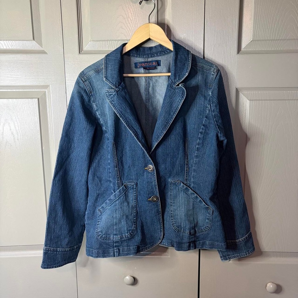 Jeanstar Womens Blue Denim Blazer Jacket Y2K Two Button Pockets Size S